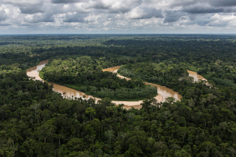 Aerial view of a river winding through the Amazon rainforest in Peru