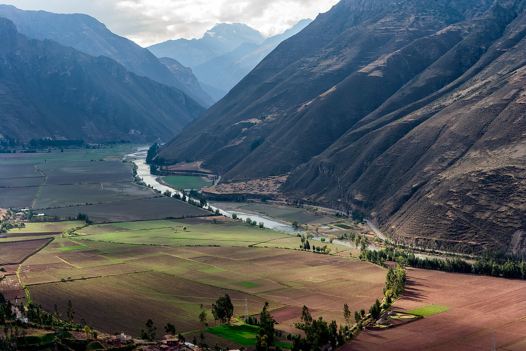 Fields and the Urubamba River in the Sacred Valley of the Peruvian Andes