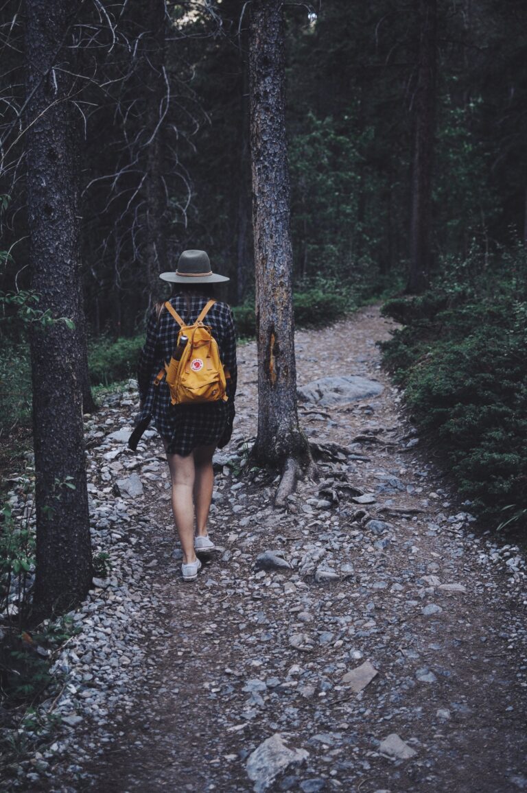 A traveler with a yellow backpack walking away along a rocky forest trail