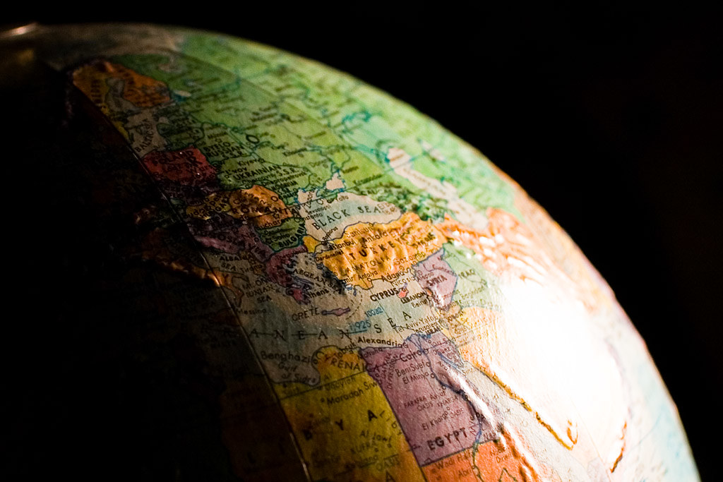 Close-up of an old desk globe showing the Mediterranean and the Black Sea